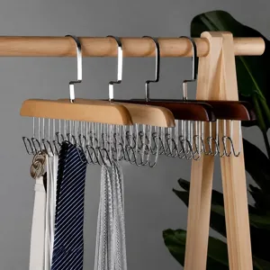 Wooden multi-hook hanger for ties and belts. Space-saving closet organizer tool.