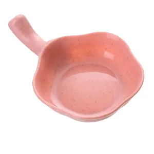 Pink wheat straw sauce dish with handle, cute flower shape condiment bowl for home dining.