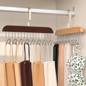 Wooden multi-hook hanger for camisoles and bras, space-saving closet organizer main view.