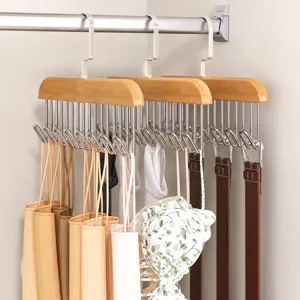 Wooden multi-hook tank top hanger for closet organization and space saving storage.