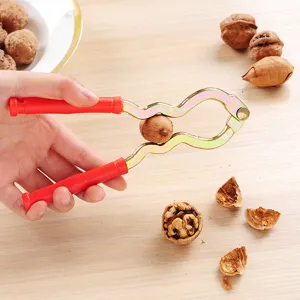 Metal walnut cracker with red plastic handle, durable nut plier kitchen tool for easy shell opening