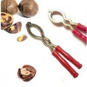 Metal nutcracker tool with red handle, durable nut sheller opener for walnuts and hard nuts.