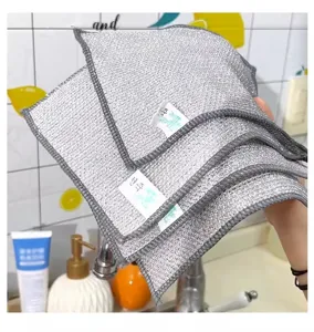 Double-sided silver wire dish cloth, non-scratch kitchen cleaning rag for greasy pans.