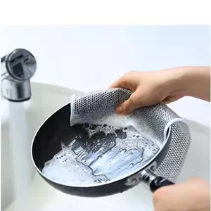 Silver wire dishwashing cloth for kitchen pan cleaning, non-scratch metal mesh cleaning rag.