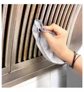 Double-sided silver wire dish cloth for kitchen cleaning, non-scratch metal mesh rag towel.