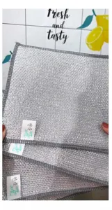 Silver wire dish cloth detail view, showing high-density weave and cleaning texture.