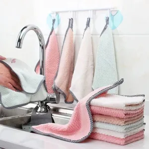 Thickened Microfiber Dishcloth Kitchen Cleaning Towel Absorbent Wipe Cloth With Plaid Binding For Home Daily Use