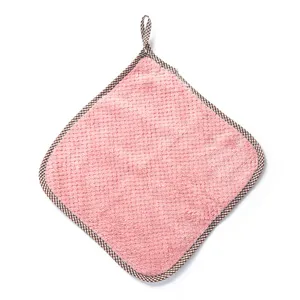 Pink hanging dish cloth absorbent hand towel with checkered border for kitchen cleaning use