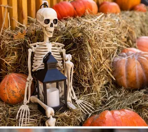 Realistische Halloween-Skelett-Requisite auf Heuballen mit einer schwarzen Laterne.