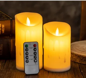 Vue détaillée des bougies LED sans flamme avec télécommande à 10 touches et lueur chaude.