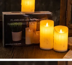 Détail de bougies LED sans flamme avec design de cire fondue et leur boîte d'emballage d'origine