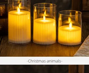 Detailed view of three LED flameless candles with swinging flames in glass cylinders
