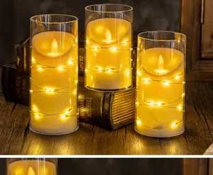 Warm LED flameless candles in glass cylinders with wrapped fairy lights for cozy decor