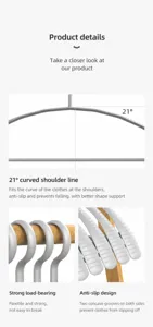 Close-up view of the non-slip clothes hanger featuring 21-degree curved shoulder design.