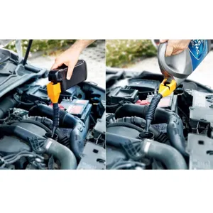 Detail view of the portable car oil funnel in use inside an engine bay, showing flexible hose.