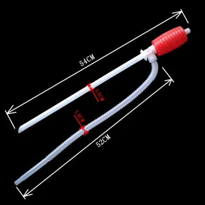 Manual fuel suction pump detail view, showing pipe dimensions and flexible siphon hose structure.