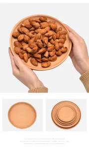 Round wooden serving tray, minimalist fruit and dessert plate, natural wood grain tableware.