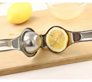Stainless steel manual lemon squeezer handheld fruit press kitchen tool for fresh citrus juice.