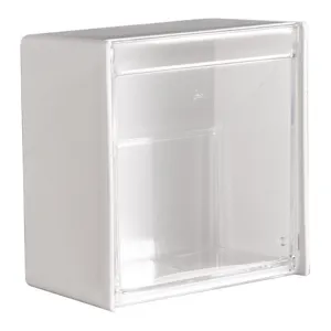Nahaufnahme Detail der weißen Wand-Aufbewahrungsbox mit transparentem Klappdeckel für Kleinteile.