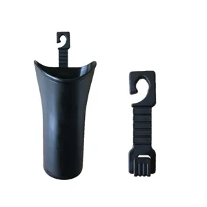 Macro detail showing the black car umbrella storage bucket and detachable mounting hook.