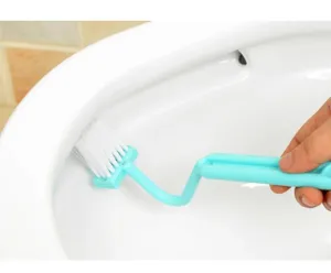 V-shaped plastic toilet brush with long curved handle for deep cleaning bathroom corners.