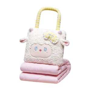 Cute cartoon sheep plush pillow blanket 2-in-1 soft folding quilt for office nap travel.