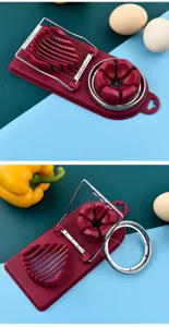 Multi-functional egg slicer with stainless steel wires and plastic base for kitchen cooking use.