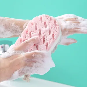 Exfoliating bath sponge for daily body cleaning and dead skin removal, pink and white.
