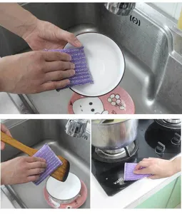 Spugna per stoviglie viola per pulizia cucina, panno pulizia piatti senza olio per uso quotidiano.