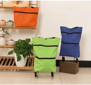 Detailed view of the portable folding shopping cart bag with wheels, ideal for grocery shopping.