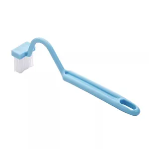 Blue long handled toilet cleaning brush curved design for bathroom corner gap deep cleaning.