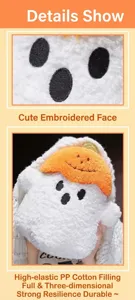 Halloween cute ghost plush toy with pumpkin hat, super soft decorative doll and pillow.