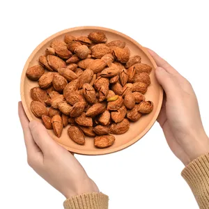 Minimalist wooden round tray for serving fruits, desserts, and nuts in home or hotel settings.