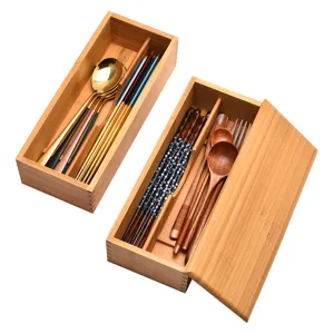 Boîte de rangement en bois pour baguettes avec couvercle et support de couverts de cuisine.