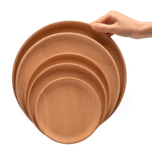 Wooden round serving tray set minimalist fruit dessert plate kitchen home tableware organizer.