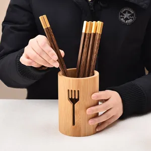 Porta Palillos de Bambú Natural para Encimera de Cocina Cubo de Almacenamiento con Agujeros de Drenaje y Patrón Calado