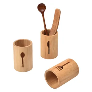 Juego de soporte para cubiertos de bambú para encimera de cocina, cubo de almacenamiento.