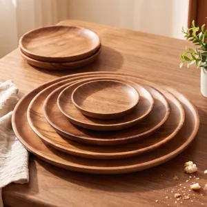 Set de plateau de service en bois, assiettes à dessert rondes en acacia pour collations.