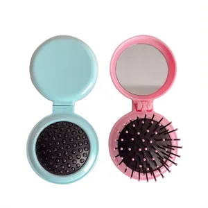 Portable folding hair brush with mirror compact travel massage comb pink and blue 2pcs set