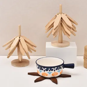 Wooden folding tree hot pad creative trivet for dining table, heat resistant kitchen mat.