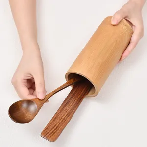Natürlicher Bambus Essstäbchenhalter mit Holzlöffel Küchengeschirr Aufbewahrung Behälter