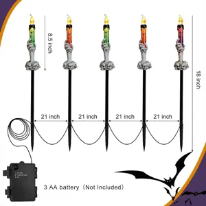 Halloween skeleton hand stake lights showing dimensions and battery box functions.