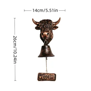 Timbre de vaca Highland con líneas de medida, ancho 14 cm y alto 26 cm, placa Welcome