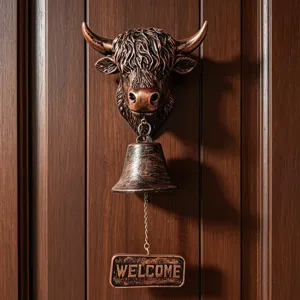 Primer plano de una campana de bienvenida de vaca de las Highlands vintage en puerta de madera