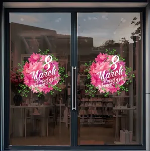 Adesivi floreali 8 marzo Happy Women's Day su porte in vetro per decorazione vetrina