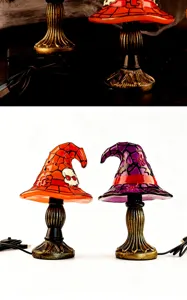 Decorative Halloween witch hat table lamps with skull and spider patterns for festive mood