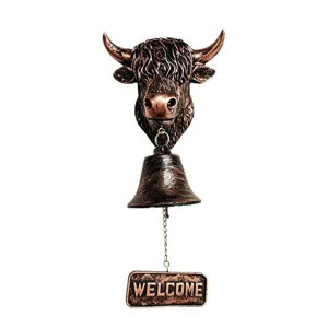 Campana de bienvenida Highland Cow de bronce vintage para decoración de pared de jardín