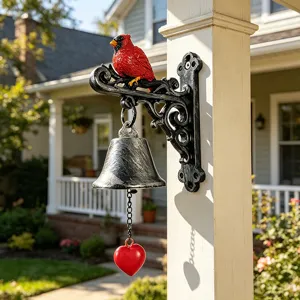Decoratieve kardinaal tuinklok met hartvormige hanger aan een witte veranda paal buiten.