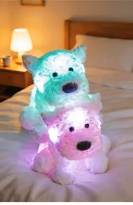 Close-up detail of the glowing LED plush toy dog emitting colorful lights on a cozy bed.