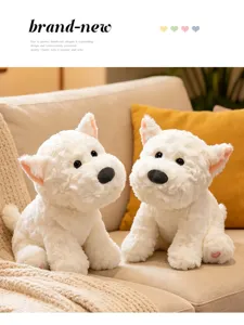 Detailed view of cute white plush puppy toys sitting on sofa, soft fabric, warm home decor.